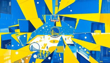 A cubist, geometric painting featuring overlapping planes of royal blue, yellow, and white, conceptually representing the dynamic energy and movement of a basketball game or match.