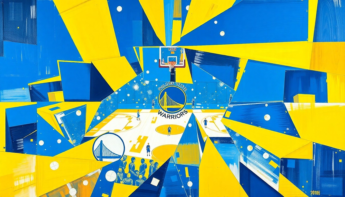 A cubist, geometric painting featuring overlapping planes of royal blue, yellow, and white, conceptually representing the dynamic energy and movement of a basketball game or match.