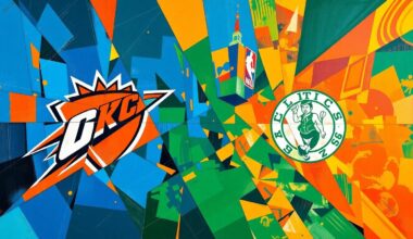 A fragmented, cubist-style painting depicting the action and energy of an NBA playoff game, with sharp geometric shapes and planes of vibrant colors representing the competitive clash between the top teams.