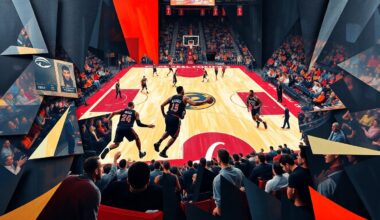 A fragmented, geometric painting in the style of Pablo Picasso, depicting an abstracted basketball game between the Raptors and Cavaliers, with the players