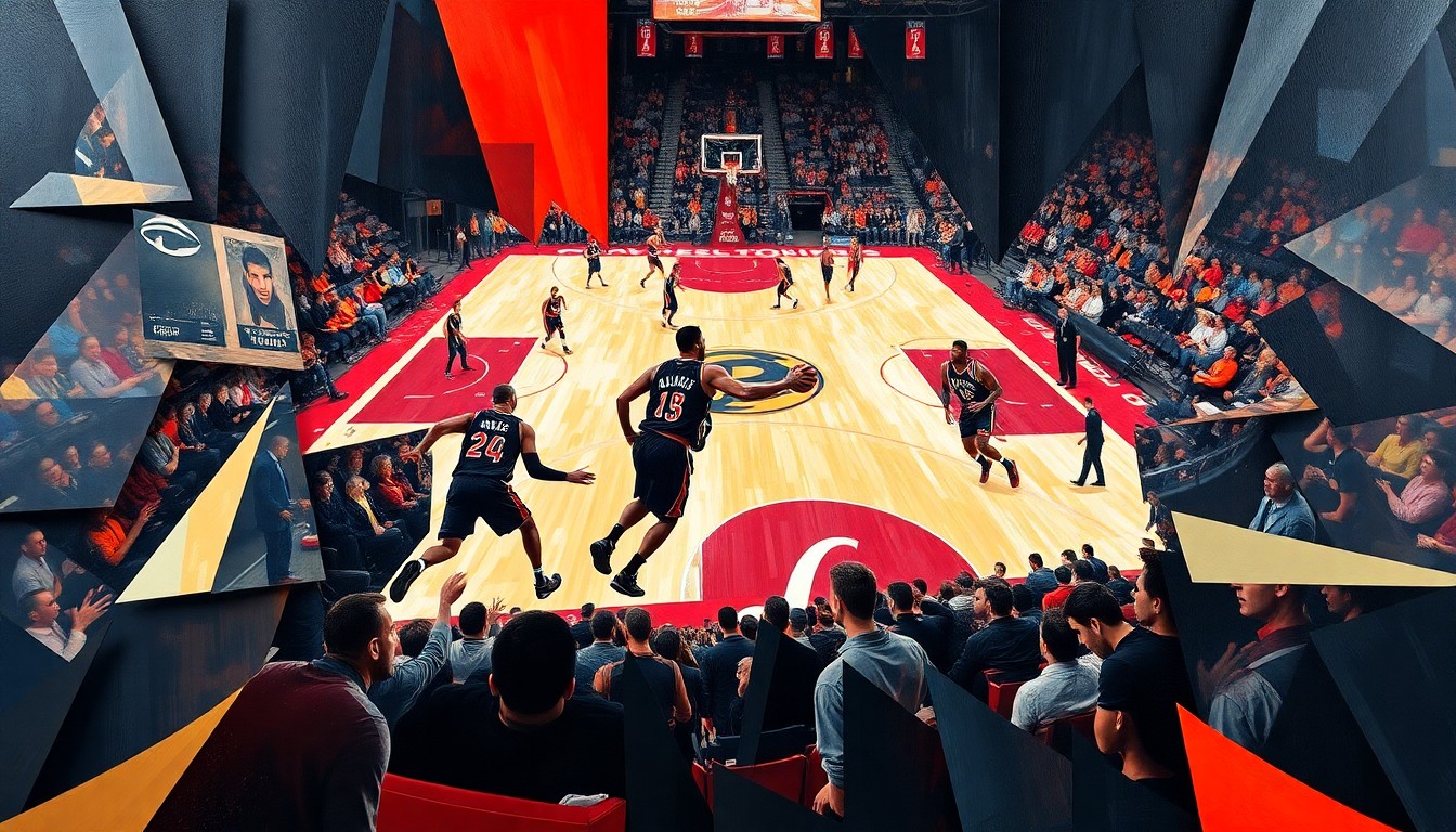 A fragmented, geometric painting in the style of Pablo Picasso, depicting an abstracted basketball game between the Raptors and Cavaliers, with the players
