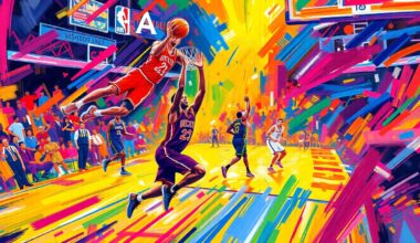 An abstract, expressionist painting in neon colors depicting the dynamic movement and energy of a professional basketball game, with players