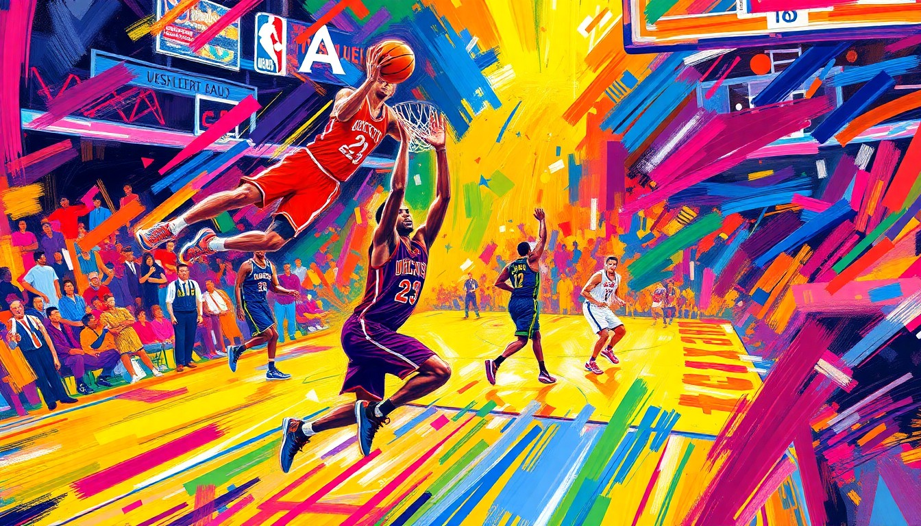 An abstract, expressionist painting in neon colors depicting the dynamic movement and energy of a professional basketball game, with players