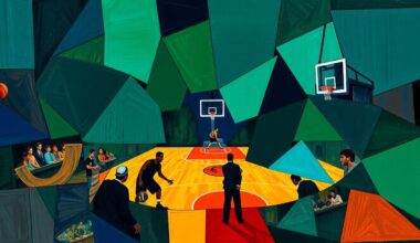A fragmented, geometric painting depicting a basketball coaching scene, with sharp planes of navy, green, and orange hues conveying the conceptual idea of an even-keeled, supportive approach to leading a struggling team.