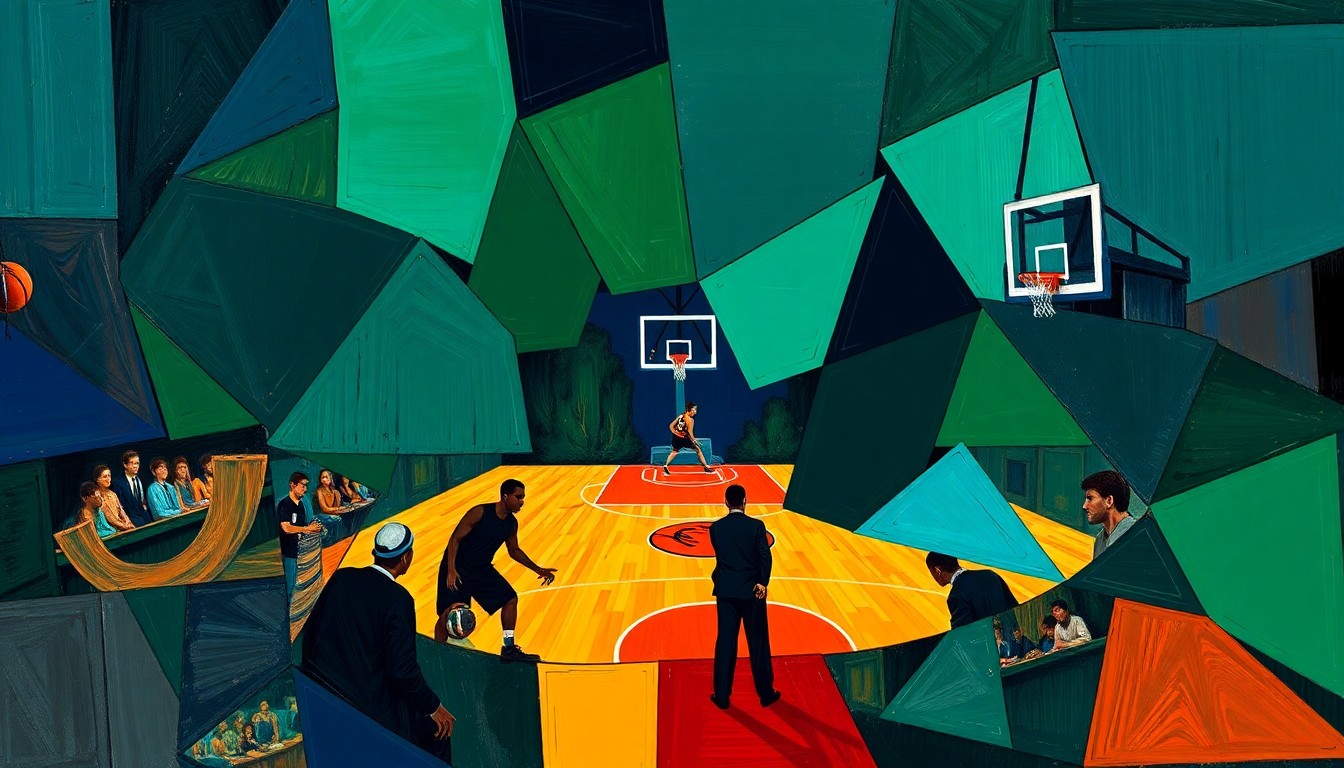 A fragmented, geometric painting depicting a basketball coaching scene, with sharp planes of navy, green, and orange hues conveying the conceptual idea of an even-keeled, supportive approach to leading a struggling team.