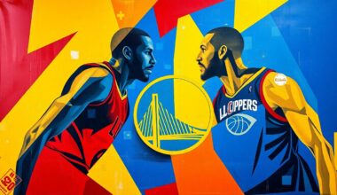 A fragmented, geometric painting depicting the dynamic action of a basketball game, with the players