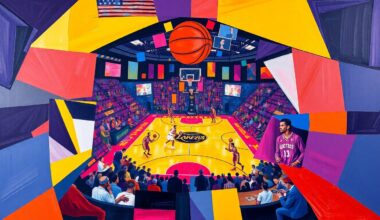 A fragmented, geometric painting depicting a basketball game in progress, with sharp planes of color representing the players and court. The abstract style captures the intensity and unpredictability of the playoff matchup.