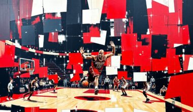 A cubist, geometric painting depicting a basketball game or match, with the players and court broken down into sharp, overlapping planes of red, black, and white colors representing the Chicago Bulls