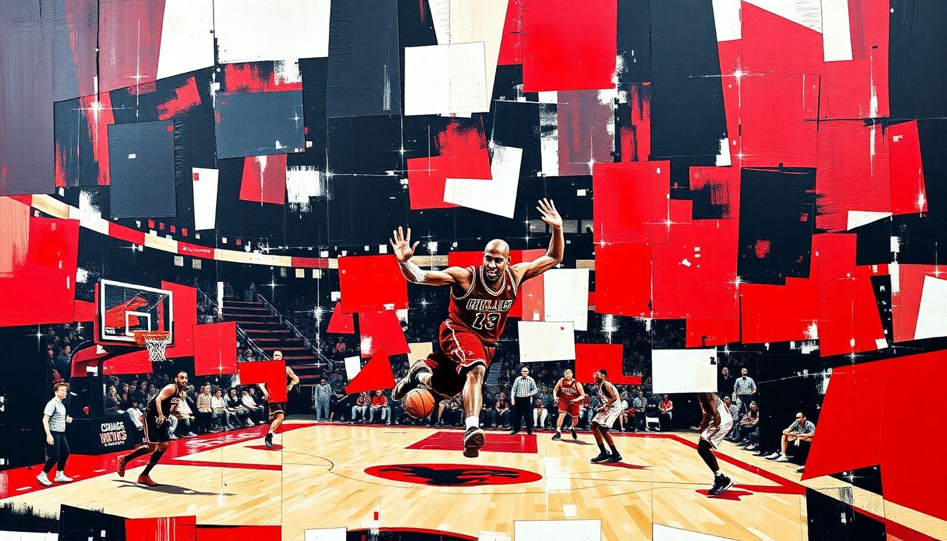 A cubist, geometric painting depicting a basketball game or match, with the players and court broken down into sharp, overlapping planes of red, black, and white colors representing the Chicago Bulls
