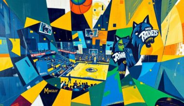 A cubist, geometric painting depicting a basketball game between the Denver Nuggets and Minnesota Timberwolves, with sharp, overlapping planes of color representing the dynamic action on the court.