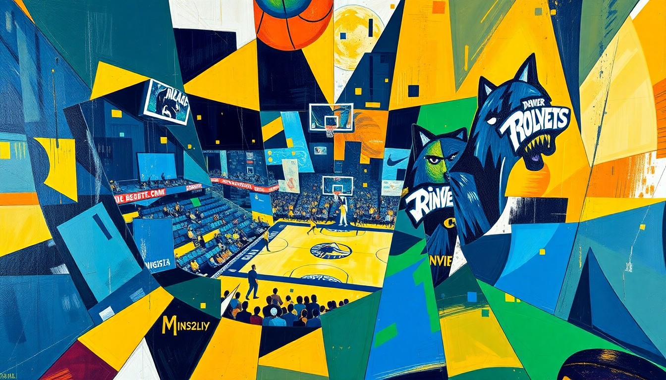 A cubist, geometric painting depicting a basketball game between the Denver Nuggets and Minnesota Timberwolves, with sharp, overlapping planes of color representing the dynamic action on the court.