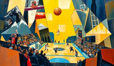 A cubist, geometric painting depicting a basketball game between the Denver Nuggets and Minnesota Timberwolves, with the players and court broken down into sharp, overlapping shapes and planes of color.