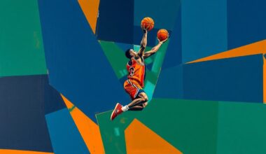 A fragmented, multi-angled painting depicting the abstract motion and energy of a basketball player, rendered in a cubist style using bold, overlapping shapes and colors.