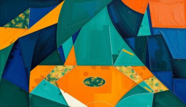 A cubist, geometric painting depicting a basketball game or match, with sharp, overlapping planes of navy blue, forest green, and burnt orange, conceptually representing the fractured state of the Washington Wizards as they look to rebuild around their new star player.