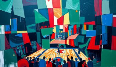 A cubist, geometric painting depicting an intense NBA basketball game, with players and the court fragmented into sharp, overlapping planes of navy, green, and red, conveying the high-energy and competitive nature of the playoff matchup.