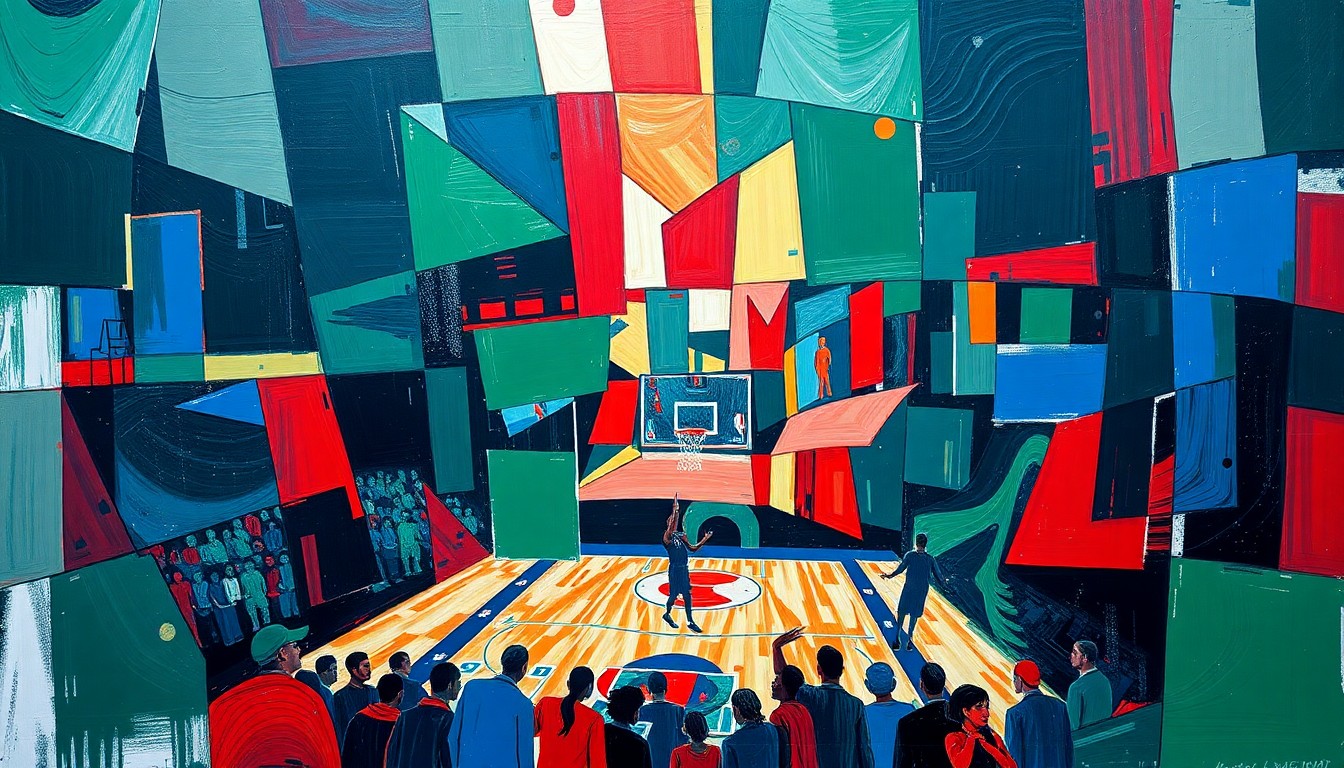 A cubist, geometric painting depicting an intense NBA basketball game, with players and the court fragmented into sharp, overlapping planes of navy, green, and red, conveying the high-energy and competitive nature of the playoff matchup.
