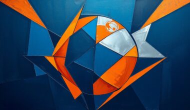 A cubist, geometric painting depicting a fragmented basketball game, with sharp planes of navy, orange, and silver overlapping to create a dynamic, abstract visual representation of the shifting media landscape for NBA broadcasts.