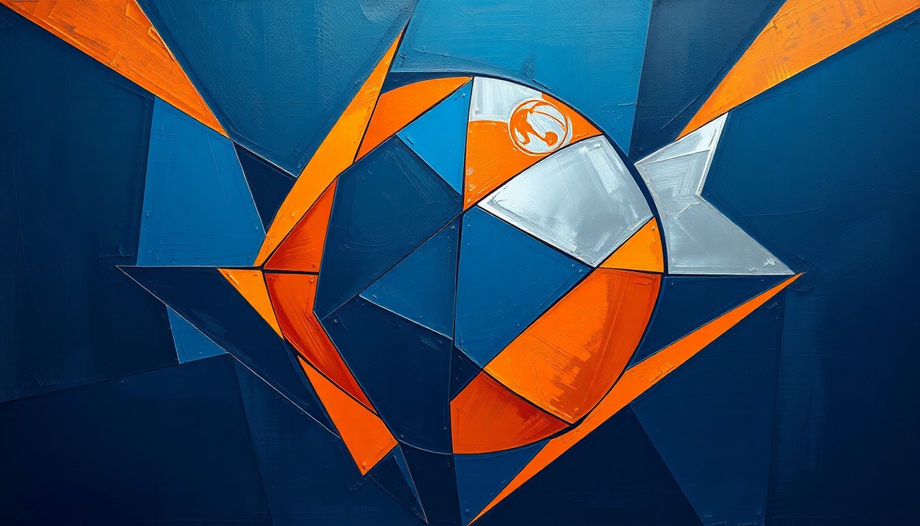A cubist, geometric painting depicting a fragmented basketball game, with sharp planes of navy, orange, and silver overlapping to create a dynamic, abstract visual representation of the shifting media landscape for NBA broadcasts.