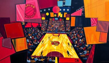 A fractured, cubist-style painting depicting the action of a basketball game between the Cleveland Cavaliers and Toronto Raptors, with the players and court broken down into sharp, overlapping geometric shapes and planes of vibrant colors.