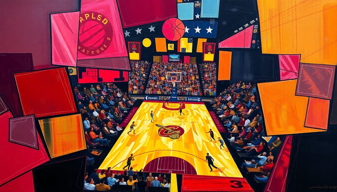 A fractured, cubist-style painting depicting the action of a basketball game between the Cleveland Cavaliers and Toronto Raptors, with the players and court broken down into sharp, overlapping geometric shapes and planes of vibrant colors.