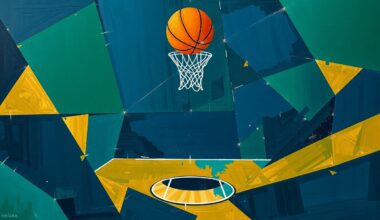 A cubist, geometric painting depicting a fragmented basketball game or match, with sharp, overlapping planes of navy blue, forest green, and gold representing the dynamic and uncertain nature of the Nets