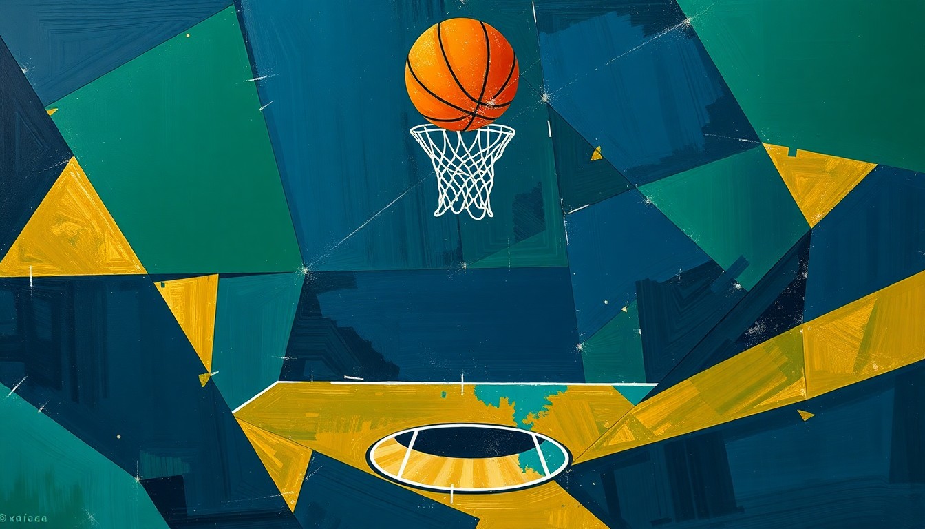 A cubist, geometric painting depicting a fragmented basketball game or match, with sharp, overlapping planes of navy blue, forest green, and gold representing the dynamic and uncertain nature of the Nets