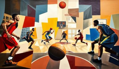 A cubist, geometric painting depicting the fragmented forms of basketball players in motion, with the ball and court lines creating a sense of energy and dynamism.
