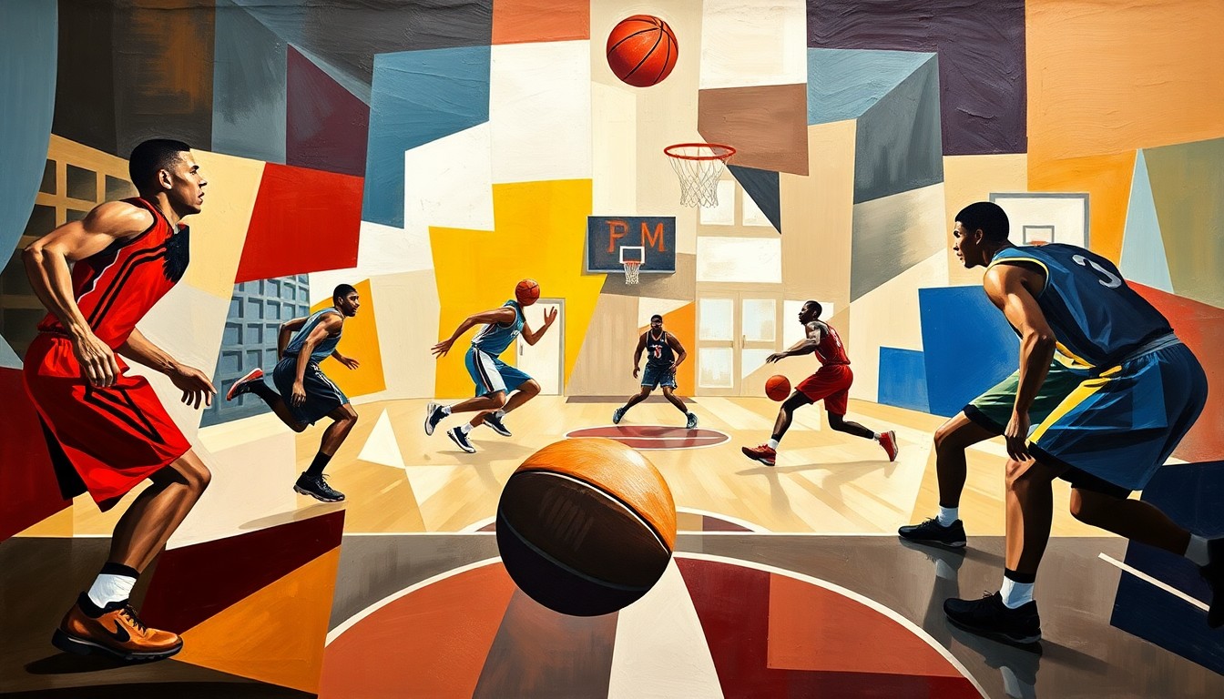 A cubist, geometric painting depicting the fragmented forms of basketball players in motion, with the ball and court lines creating a sense of energy and dynamism.