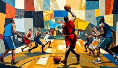 A fragmented, geometric painting depicting the abstract forms of basketball players and a basketball court, conveying the multifaceted nature of the Thunder