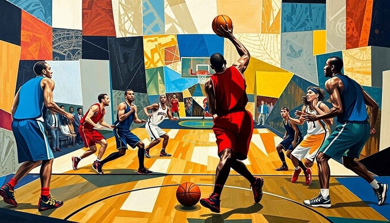 A fragmented, geometric painting depicting the abstract forms of basketball players and a basketball court, conveying the multifaceted nature of the Thunder