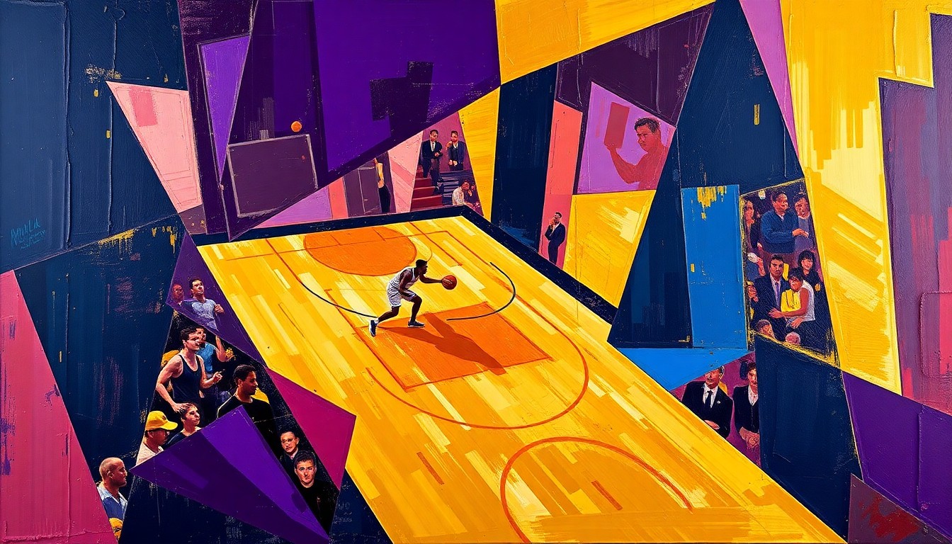 A fragmented, cubist-style painting depicting a basketball game or match, with sharp, overlapping geometric shapes in deep purple, navy blue, and gold tones, conveying the complex challenges facing the Sacramento Kings as they try to rebuild their team.