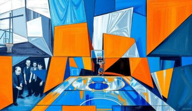 A cubist, geometric painting depicting a basketball game broken down into overlapping planes of vibrant blue, orange, and silver, conceptually representing the complex factors the Nets must consider in their rebuild.
