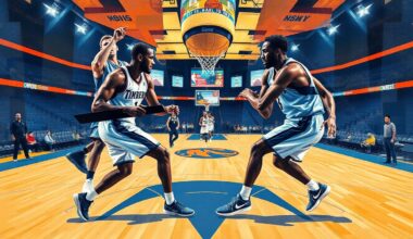 A fractured, geometric painting depicting an abstracted basketball game, with the players