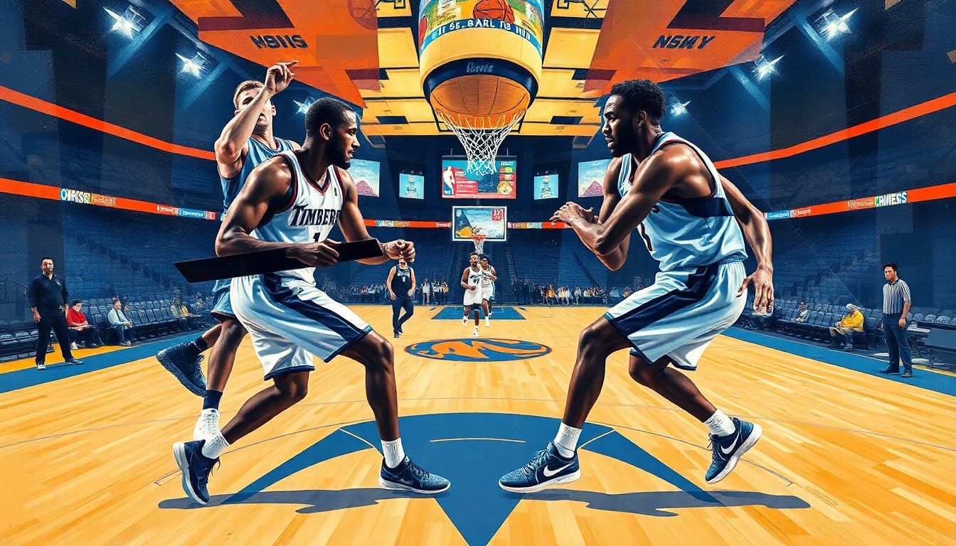 A fractured, geometric painting depicting an abstracted basketball game, with the players