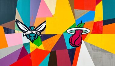 A cubist, geometric painting depicting a basketball game in progress, with sharp planes of teal, purple, red, and yellow representing the players and court.