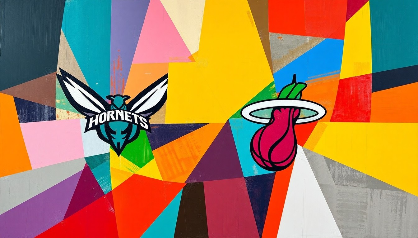 A cubist, geometric painting depicting a basketball game in progress, with sharp planes of teal, purple, red, and yellow representing the players and court.