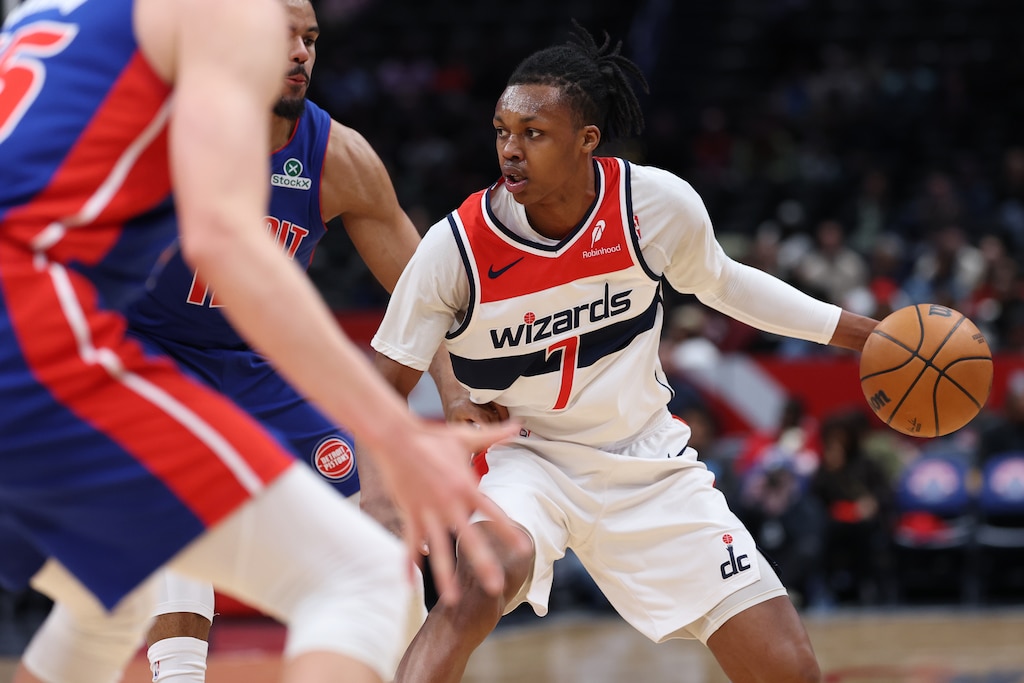 WASHINGTON, DC - MARCH 17: Bub Carrington #7 of the Washington Wizards controls the ball against the Detroit Pistons at Capital One Arena on March 17, 2026 in Washington, D.C.