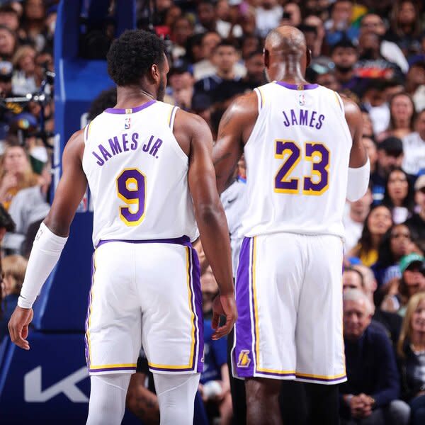 The back of the jersey's of Bronny James and LeBron James of the Los Angeles Lakers during the game against the Dallas Mavericks.