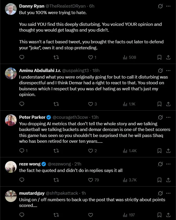 Basketball fans defend DeMar DeRozan (Credit: Twitter/X)