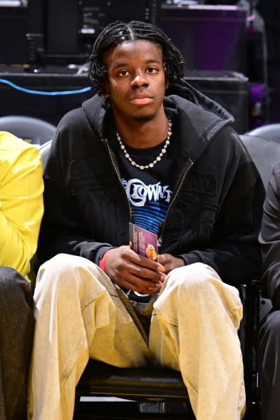Caleb Wilson attends the game between the Houston Rockets and the Los Angeles Lakers during Round One Game Five of the 2026 NBA Playoffs on April 29, 2026 at Crypto.Com Arena in Los Angeles, California. (Photo by Adam Pantozzi/NBAE via Getty Images)