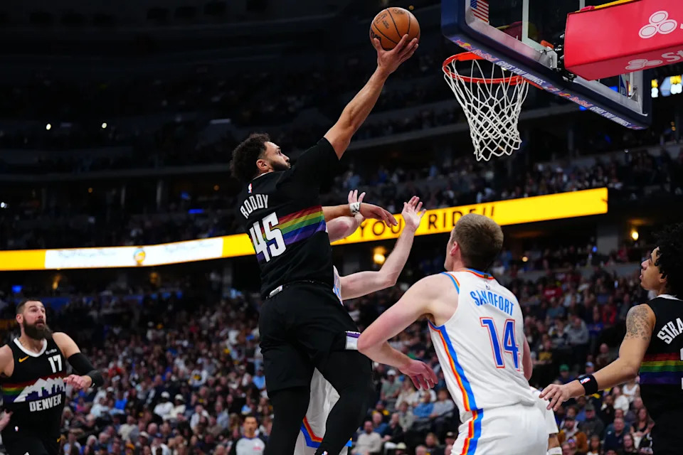 Apr 10, 2026; Denver, Colorado, USA; Denver Nuggets forward David Roddy (45) shoots the ball in the second half against the Oklahoma City Thunder at Ball Arena. Mandatory Credit: Ron Chenoy-Imagn Images