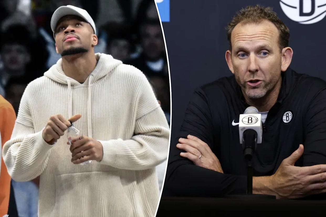 An image collage containing 2 images, Image 1 shows Giannis Antetokounmpo, who did not play, looks on during the Nets' 96-90 win over the Bucks on April 7, 2026 at Barclays Center, Image 2 shows Nets general manager Sean Marks has had interest in Bucks star Giannis Antetokounmpo for awhile