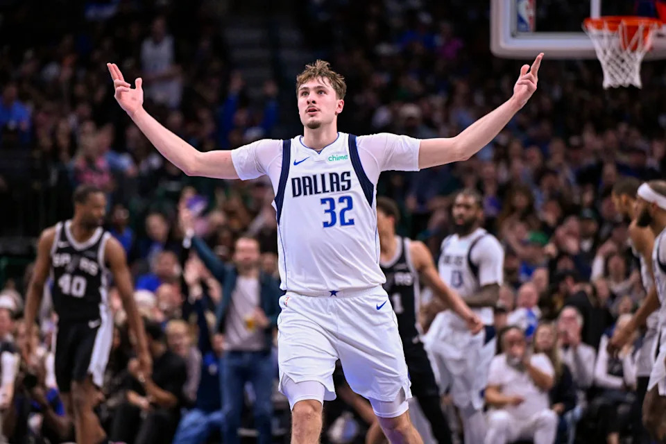 Dallas Mavericks forward Cooper Flagg (32) celebrates during the second half against the San Antonio Spurs at the American Airlines Center.Jerome Miron-Imagn Images