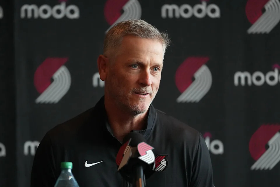 PORTLAND, OREGON - APRIL 02: Tom Dundon, Portland Trail Blazers owner, speaks during a press conference at Moda Center on April 02, 2026 in Portland, Oregon. NOTE TO USER: User expressly acknowledges and agrees that, by downloading and or using this photograph, User is consenting to the terms and conditions of the Getty Images License Agreement.  (Photo by Soobum Im/Getty Images)