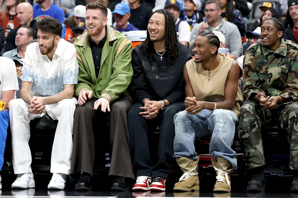 DENVER, COLORADO - APRIL 10: Chet Holmgren #7, Isaiah Hartenstein #55, Jalen Williams #8, Shai Gilgeous-Alexander #2, Jaylin Williams #6 of the Oklahoma City Thunder watch the game against the Denver Nuggets during the first quarter at Ball Arena on April 10, 2026 in Denver, Colorado. NOTE TO USER: User expressly acknowledges and agrees that, by downloading and or using this photograph, User is consenting to the terms and conditions of the Getty Images License Agreement. (Photo by Matthew Stockman/Getty Images)