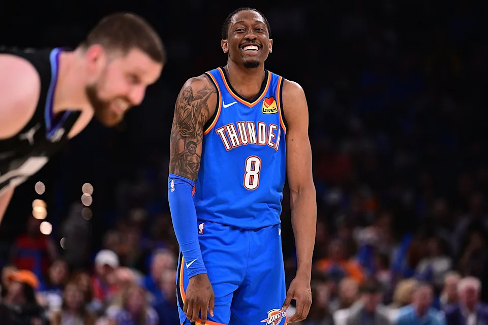 OKLAHOMA CITY, OKLAHOMA - APRIL 5: Jalen Williams #8 of the Oklahoma City Thunder laughs after a play during the second half against the Utah Jazz at Paycom Center on April 5, 2026 in Oklahoma City, Oklahoma. NOTE TO USER: User expressly acknowledges and agrees that, by downloading and or using this photograph, User is consenting to the terms and conditions of the Getty Images License Agreement. (Photo by Joshua Gateley/Getty Images)
