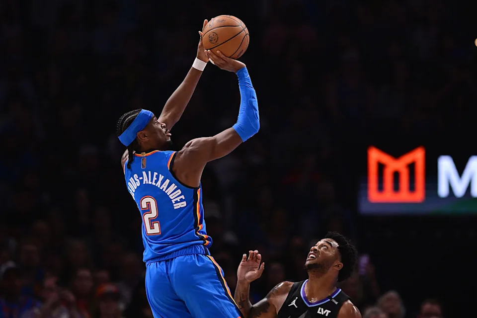 OKLAHOMA CITY, OKLAHOMA - APRIL 5: Shai Gilgeous-Alexander #2 of the Oklahoma City Thunder attempts a shot during the first half against the Utah Jazz at Paycom Center on April 5, 2026 in Oklahoma City, Oklahoma. NOTE TO USER: User expressly acknowledges and agrees that, by downloading and or using this photograph, User is consenting to the terms and conditions of the Getty Images License Agreement. (Photo by Joshua Gateley/Getty Images)