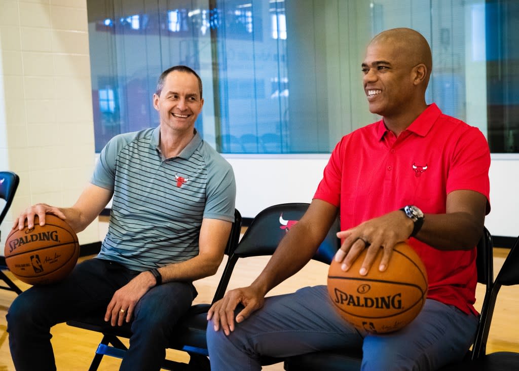 Vice president of basketball operations of the Chicago Bulls, Arturas Karnisovas, introduces new General Manager Marc Eversley on August 19, 2020 in Chicago, Illinois. NBAE via Getty Images