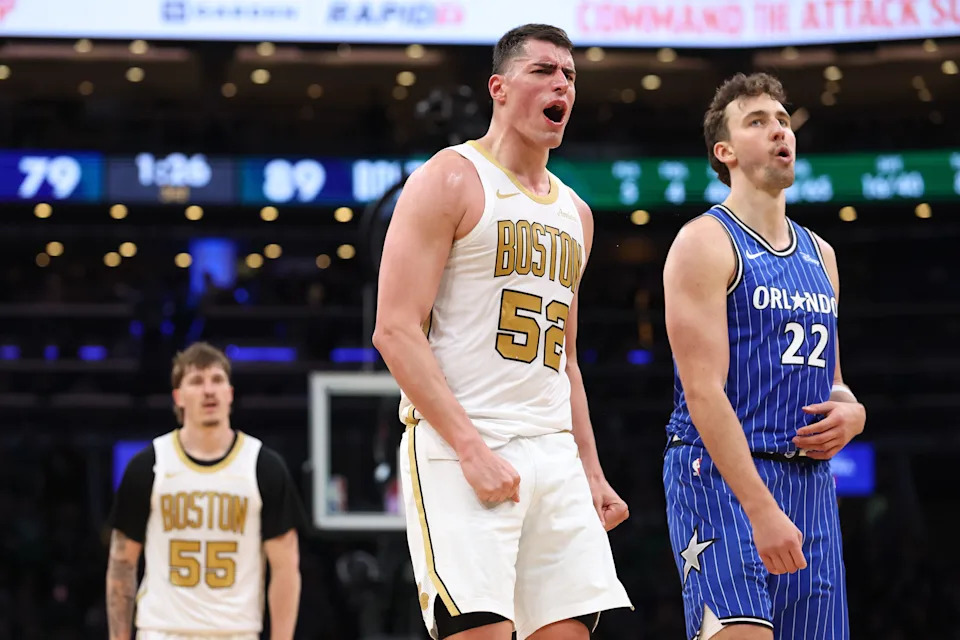 Apr 12, 2026; Boston, Massachusetts, USA; Boston Celtics forward Luka Garza (52) reacts during the second half against the Orlando Magic at TD Garden. Mandatory Credit: Paul Rutherford-Imagn Images