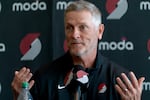 Tom Dundon, one of the new owners of the Portland Trailblazers, speaks during a press conference at the Moda Center, April 2, 2026. 